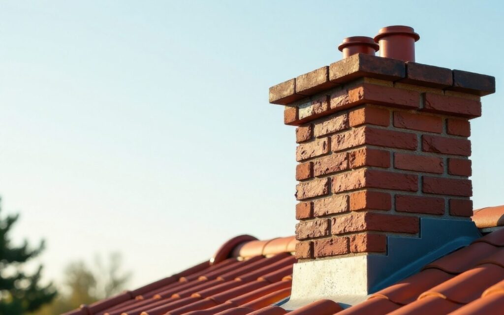 Close-up of a weathered brick chimney stack mid-repointing, showing fresh grey mortar joints and lead flashing where it meets the slate roof tiles.