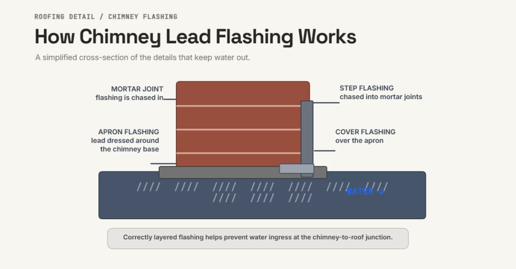 Chimney lead flashing cross-section diagram showing step flashing chased into mortar joints, cover flashing over apron, and lead dressing around chimney base against roof tiles