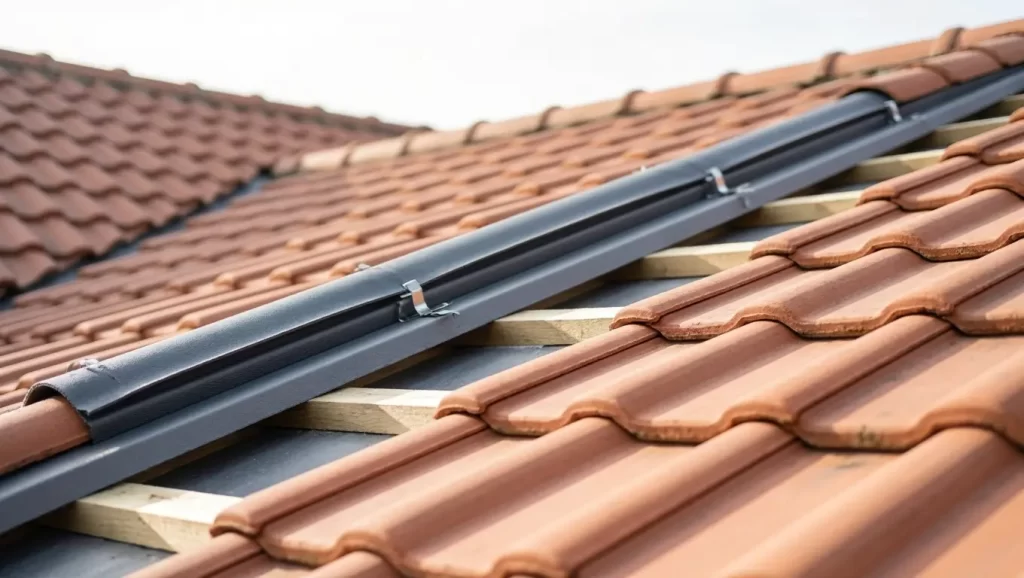 Close-up of a dry-fix hip roll system mid-installation on roofing hips, showing metal clips securing the system to a warm terracotta clay tile roof in natural daylight.