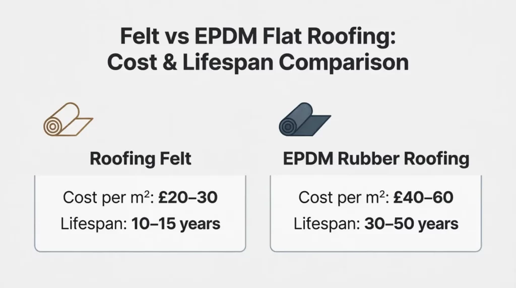 Comparison chart showing roofing felt costs £20-30 per m² with 10-15 year lifespan versus EPDM rubber roofing at £40-60 per m² with 30-50 year lifespan.