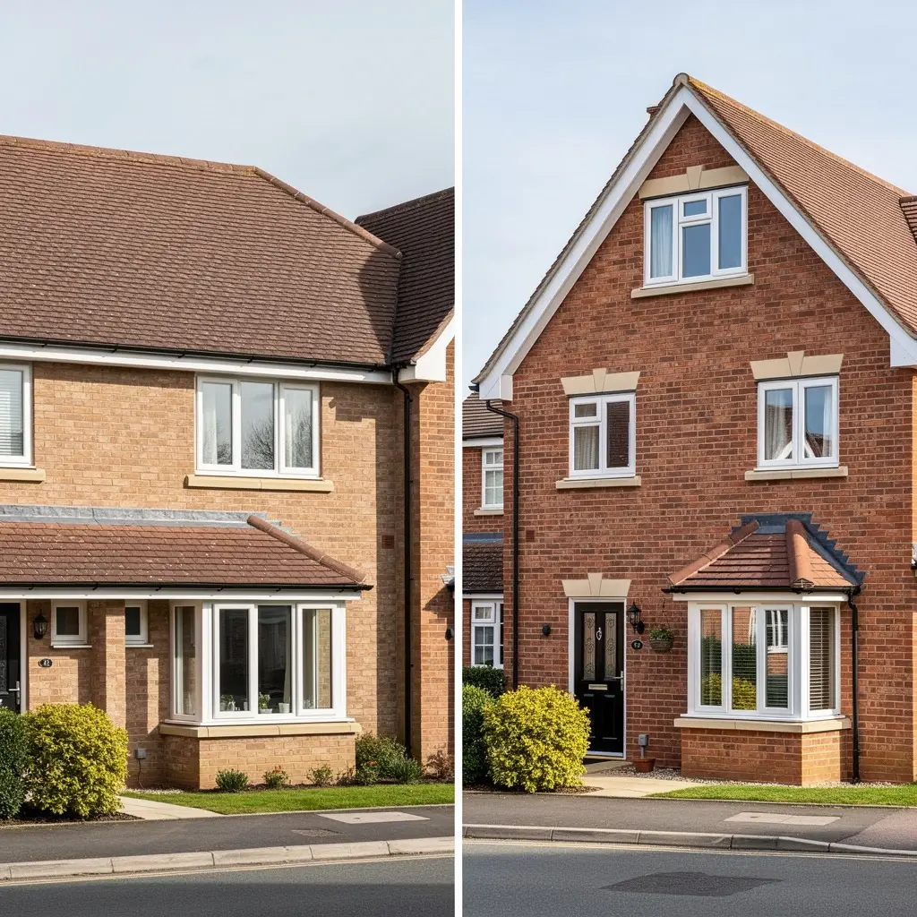 Before and after comparison of a hip to gable loft conversion showing the original sloped hip roof transformed into a vertical gable end wall, maximizing exterior roof space and headroom.