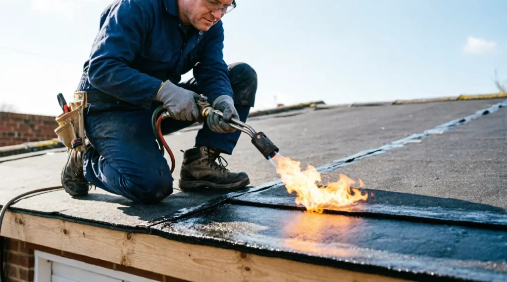 A professional roofer in blue workwear using a gas torch to weld a roofing felt seam on a flat garage roof, showing the correct lap detail at the joint.